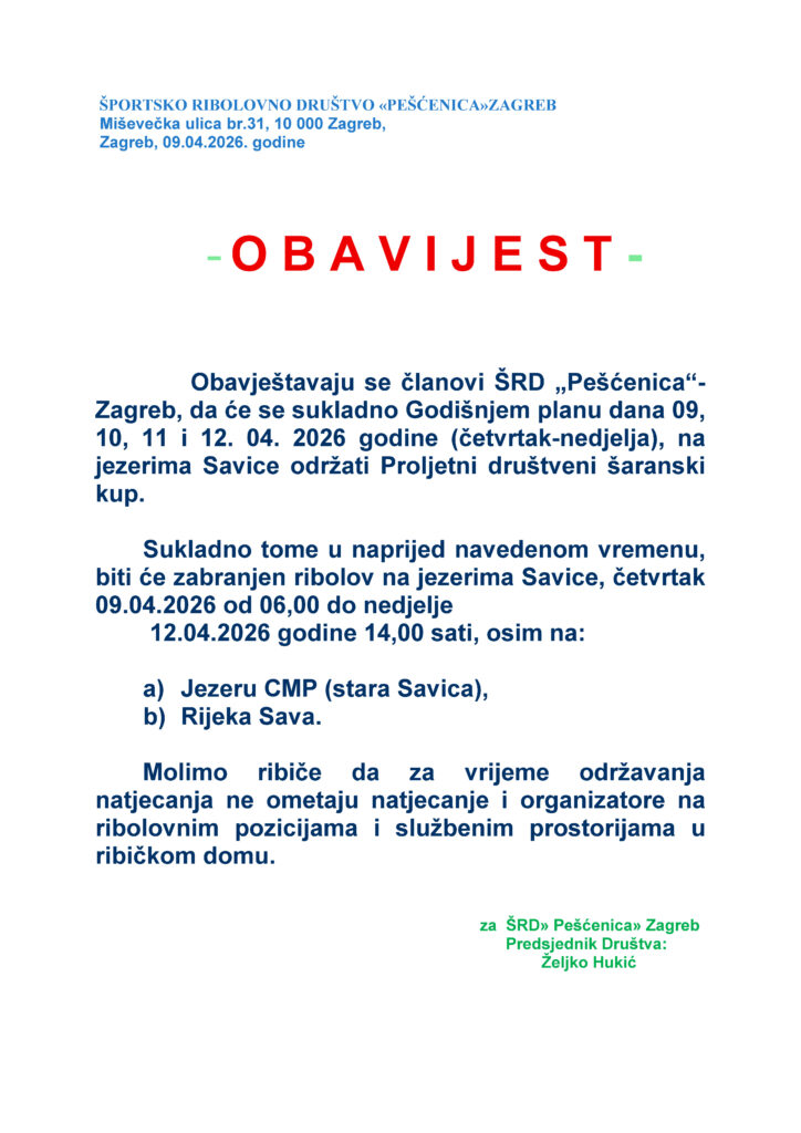 OBAVIJEST - ŠARANSKI KUP 2026 proljetni