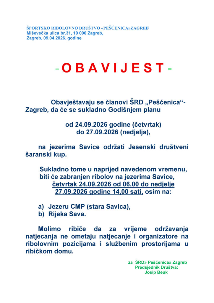 OBAVIJEST - ŠARANSKI KUP 2026 jesenski