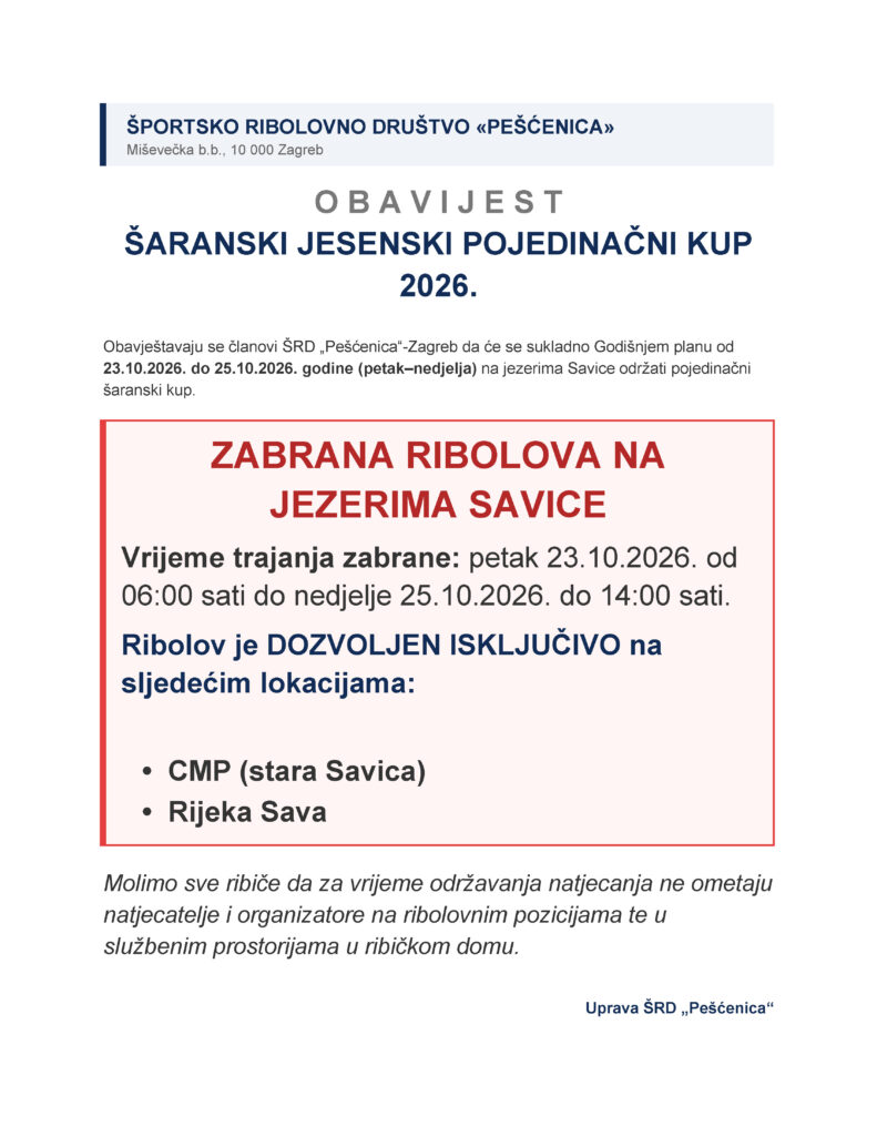 OBAVIJEST - ŠARANSKI jesenski pojedinačni KUP 2026 - uredeno
